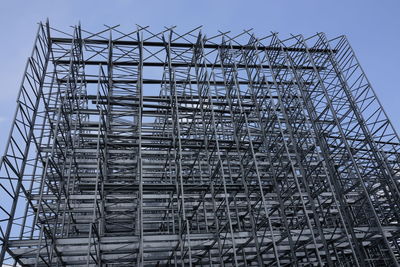 Low angle view of metallic construction frame against clear sky