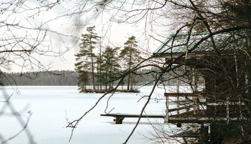 View of frozen lake against bare trees in winter