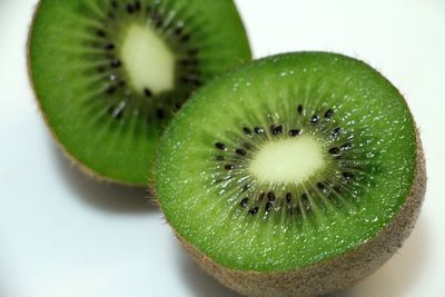 Close-up of kiwi against white background