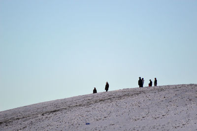 People on mountain against clear sky