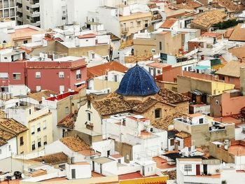 High angle view of houses in town