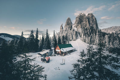Panoramic view of trees and houses against sky during winter