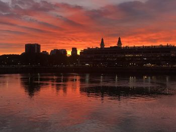 Buildings in city at sunset