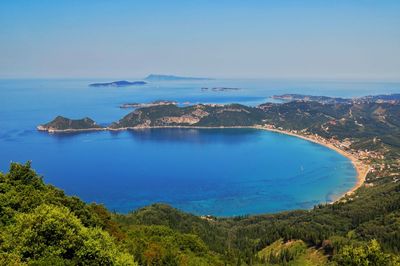 High angle view of bay against sky