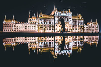 Reflection of building in water at night