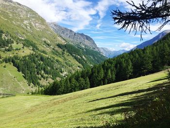 Scenic view of green landscape and mountains against sky