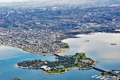 Aerial view of mission bay and buildings in city