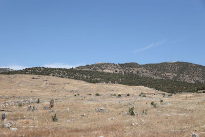 Scenic view of landscape against clear blue sky