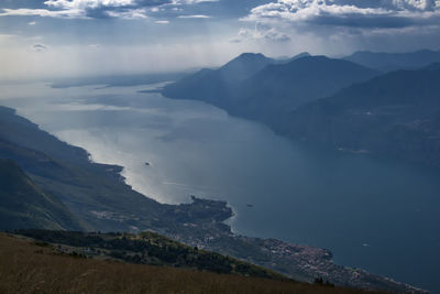 Scenic view of sea and mountains against sky