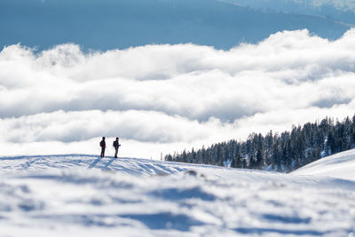 Person on snow covered land against sky