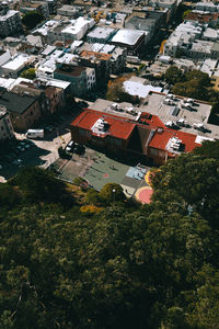 High angle view of townscape and trees in city