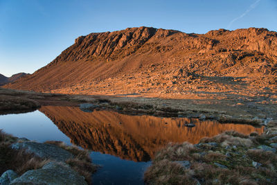 Sunset at three tarns with reflection of bowfell