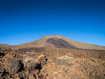 Scenic view of arid landscape against clear blue sky