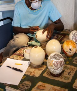 High angle view of man having food at home