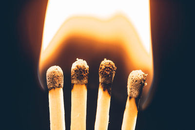 Close-up of lit candles against white background