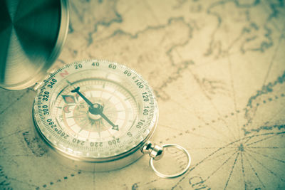Close-up of navigational compass on map