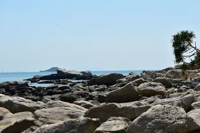 Scenic view of rocks on beach against clear sky