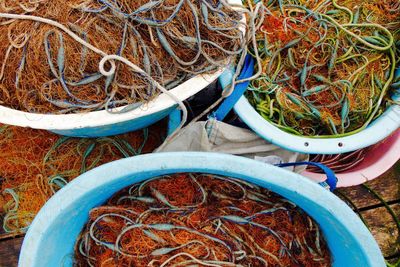 High angle view of fishing nets on pier