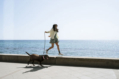 Mid adult woman walking with dog on retaining wall by sea