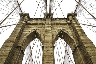 Low angle view of suspension bridge against sky