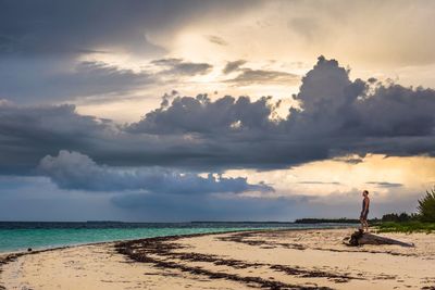 Side view of man standing on tree trunk at beach against cloudy sky