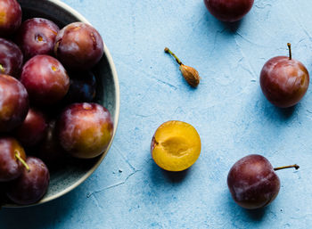 High angle view of fruits in bowl on table