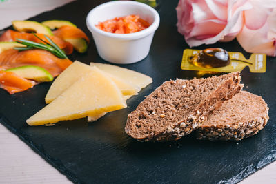 Close-up of food served on table