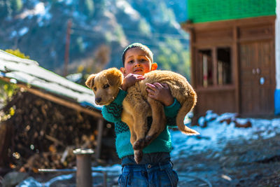 Man with dog in winter