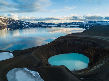 Scenic view of lake by snowcapped mountains against sky