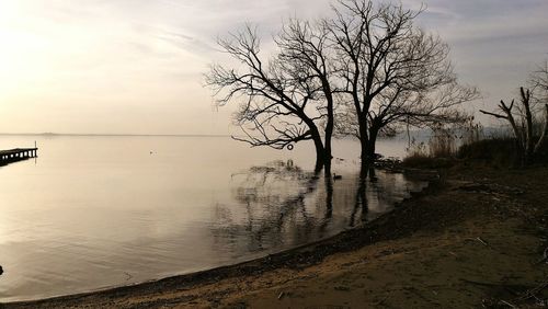 Scenic view of lake against sky at sunset