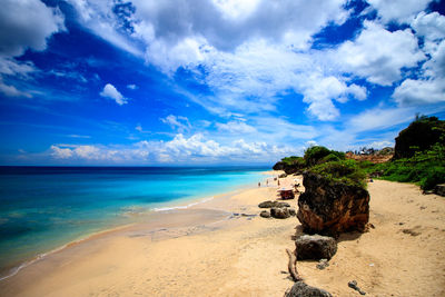 Scenic view of beach against blue sky