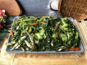 High angle view of food on cutting board