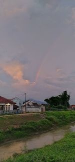 Scenic view of field by houses against sky during sunset