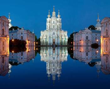 Reflection of historic cathedral on calm water