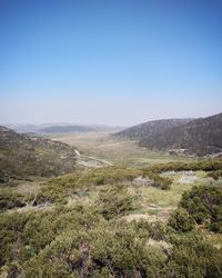 Scenic view of landscape against clear blue sky