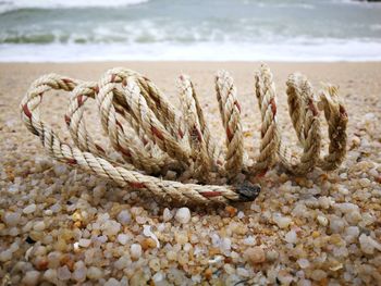 Close-up of rope on stones at beach