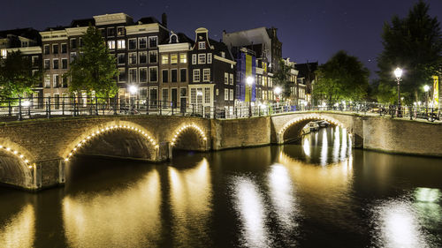 Illuminated arch bridge over river in city at dusk