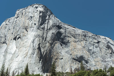 Low angle view of rock formation against clear blue sky