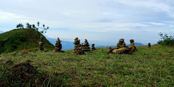 People sitting on grassland against clear sky