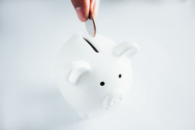 Close-up of hand holding hands against white background