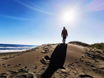 Rear view of man standing on beach against sky