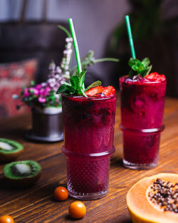 Close-up of drink in glasses on table