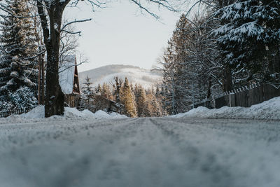 Snow covered road by trees against sky