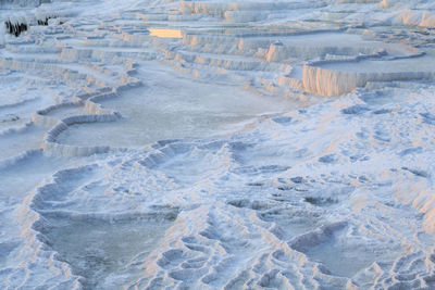 High angle view of snow covered land