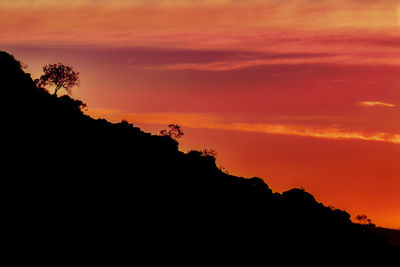 Scenic view of silhouette mountain against orange sky