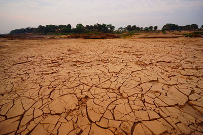 View of cracked soil of dry land against sky