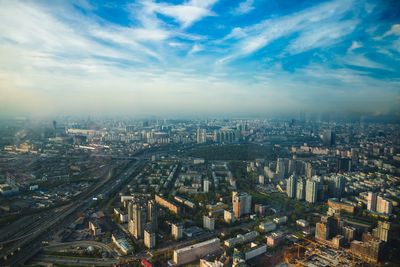 Aerial view of moscow, russia on a sunny day with blue sky and clouds