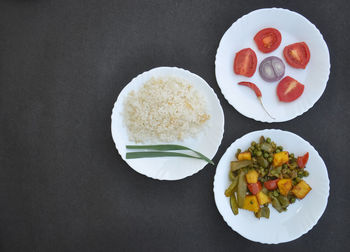 High angle view of breakfast served on table