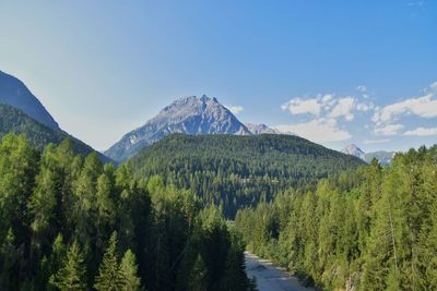 Panoramic view of green landscape and mountains against sky