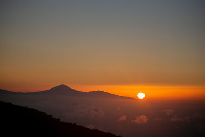 Scenic view of silhouette mountains against romantic sky at sunset